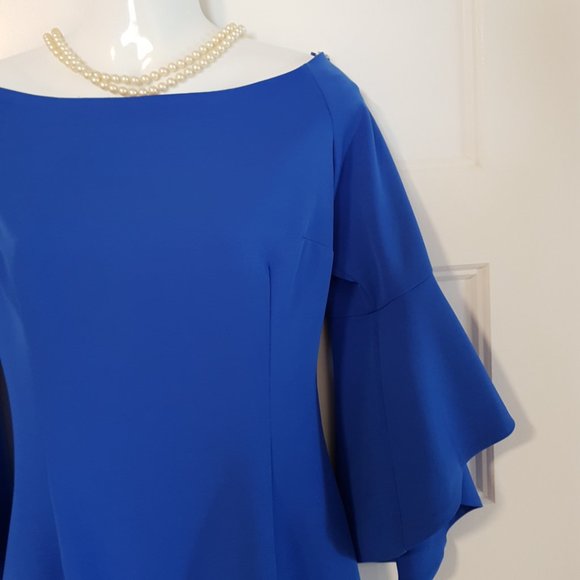 OLIMARA Blue Classy Cocktail Dress with 3/4 Bell sleeves, Made in Spain, sz 8/10 - Picture 7 of 11